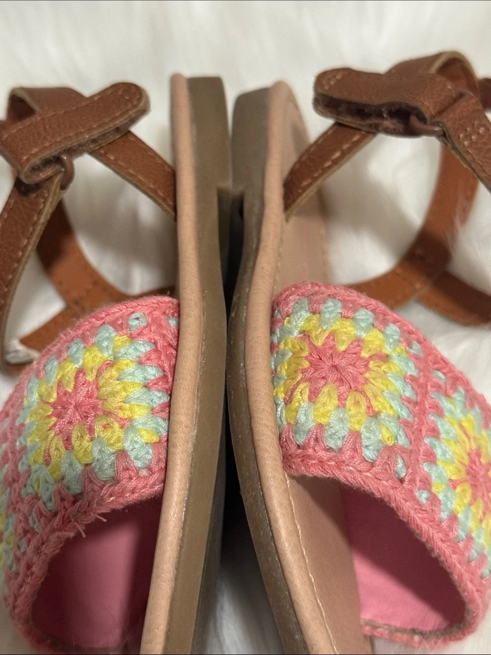 Carter's Toddler Girls Pink Granny Square Crochet Sandals with Tan Ankle Straps